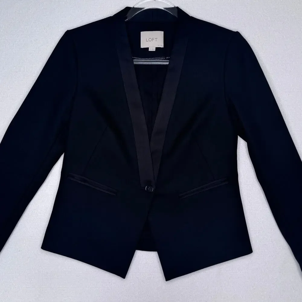 LOFT Black Tuxedo Blazer Jacket Petite 2P Satin Trim Career Formal